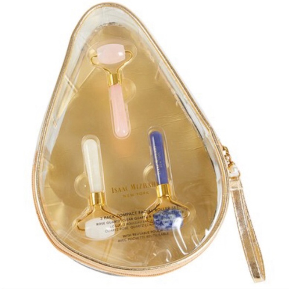 Isaac Mizrahi Skincare Roller Trio with Gold Details and Travel Pouch